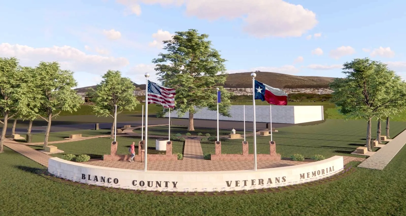 Architect’s drawing of the Blanco County Veterans Memorial, with flags flying above the curved memorial wall